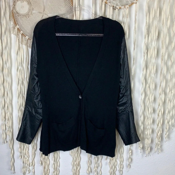 Sacai Black Button Down Cardigan with Quilted Nylon Sleeves and Wrist Zippers - Picture 1 of 14